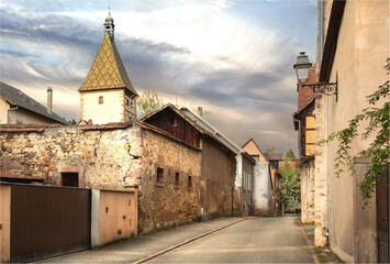 Backstreet of the village of Ribeauville on the Alsace wine route