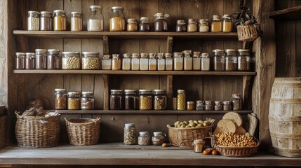 Naklejka premium Rustic pantry shelves with various jars of grains and spices