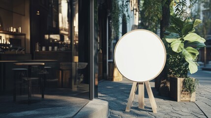 A blank signboard outside a cafe, ready for promotional messages.