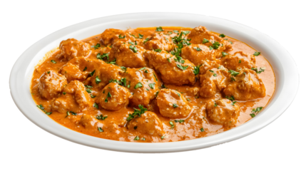 White plate of butter chicken on a transparent background. isolated background.