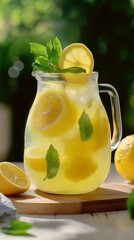 Summer lemonade pitcher with ice cubes and citrus fruit slices.