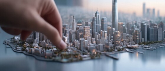 Fingers delicately adjust a detailed miniature cityscape, showcasing precision and creative engineering in model design.