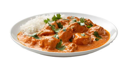 White plate of butter chicken on a transparent background. isolated background.