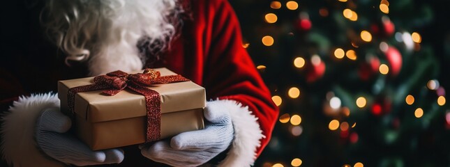 Santa Claus holding gift box with a Christmas tree and fireplace