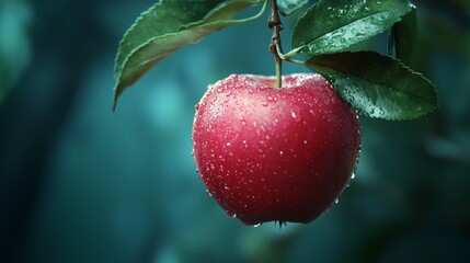 Obraz premium Red apple with water droplets hanging from a tree branch