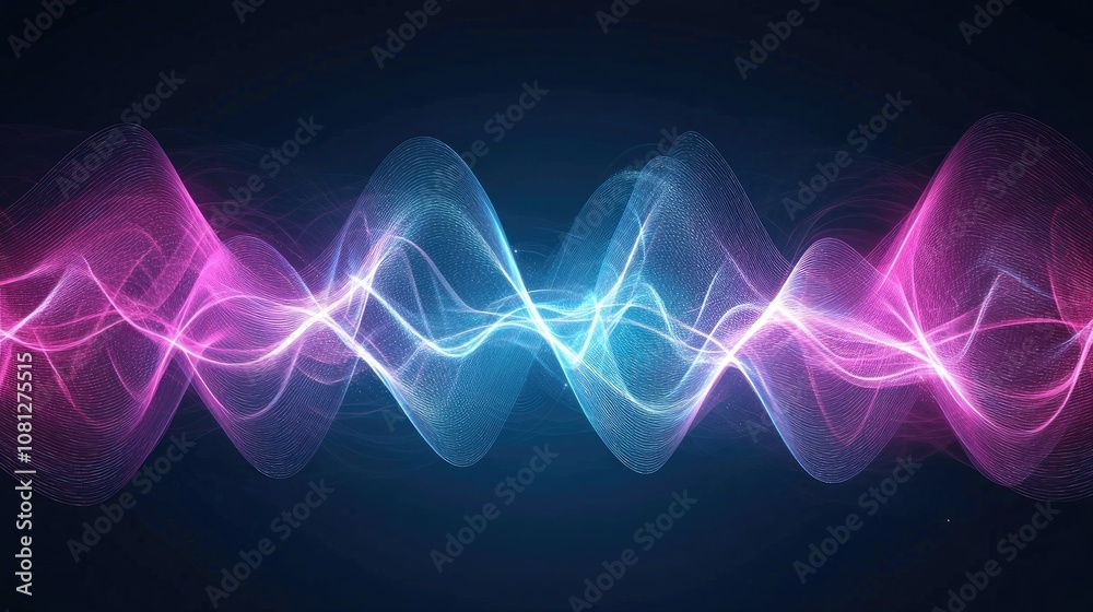 Poster vibrant waveform visualization with colorful fluid lines representing energy flow and sound waves in