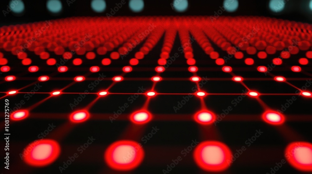 Poster abstract representation of glowing red dots in a grid formation creating a futuristic and high-tech 