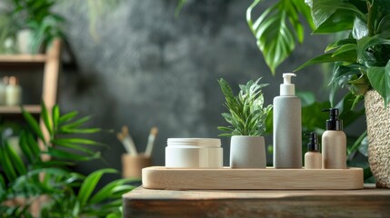 Natural skincare products with green plants in a serene setting