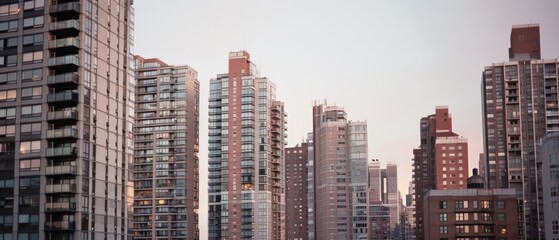 Obraz premium A series of modern skyscrapers form a towering skyline at dusk, with warm lights flickering from within, embodying urban progress and architectural elegance.