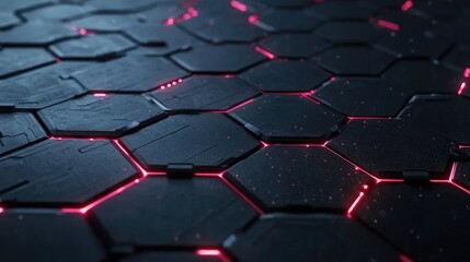 Fototapeta premium Futuristic Black Hexagonal Tiles with Glowing Red Edges, Ideal for Technology Backgrounds, Digital Designs, Sci-Fi Concepts, and Abstract Visuals