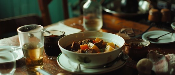 A hearty stew with vibrant vegetables sits appetizingly on a rustic table setting, embodying home-cooked warmth and sharing.