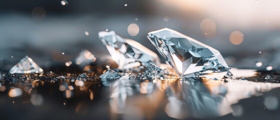 Diamond shards glisten atop a reflective surface, catching warm beams of light and creating a scene of exquisite brilliance and elegance.