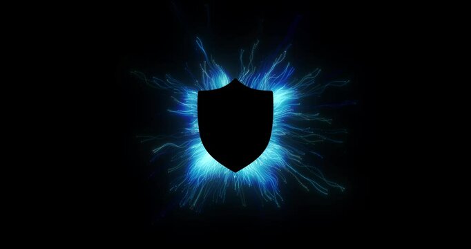 Zoom in on a resolute shield, its silhouette stark against a mesmerizing backdrop of blue energy lines, conveying a sense of security and resilience. loop.