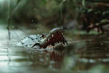Obraz premium A crocodile's jaws open wide, emerging from the murky, reflective waters amidst lush greenery, capturing the raw wildness of nature.