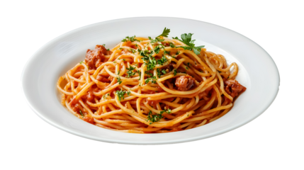 White plate with spaghetti and meat on a transparent background. isolated background.