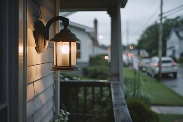 A cozy porch light glows softly in the dusk, casting warm light over a quiet suburban street lined with homes and a stretch of greenery.