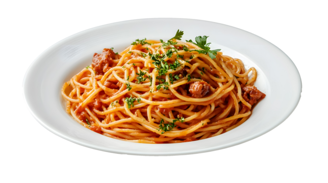 White plate with spaghetti and meat on a transparent background. isolated background.