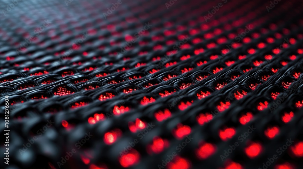 Poster Close-Up View of a Textured Fabric Surface with Intricate Weaving and Distinct Red Lighting Creating an Atmosphere of Depth and Complexity in a Modern Setting