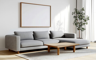 Fototapeta premium Cozy Scandinavian living room featuring gray sectional sofa, wooden coffee table, and indoor plant, creating warm and inviting atmosphere