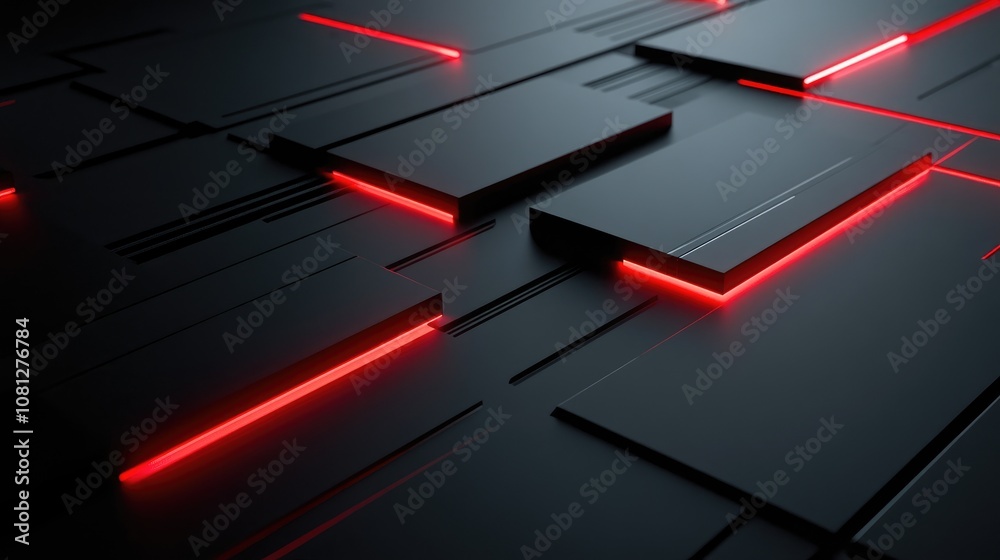 Poster abstract black surface with glowing red lines, geometric pattern and modern design elements creating