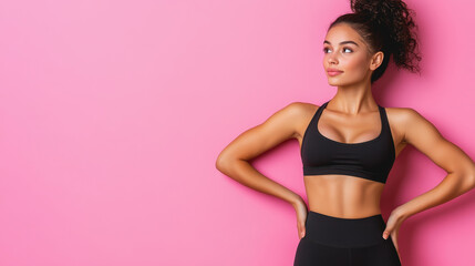 Obraz premium Confident Young Woman Posing in Athletic Wear Against a Bright Pink Background, Exuding Strength and Style in a Fitness Environment