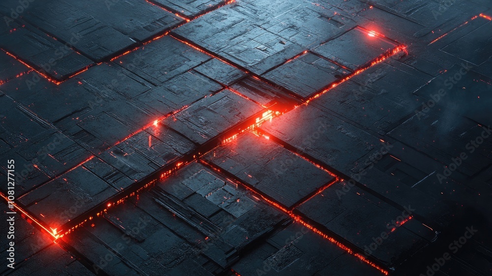 Poster abstract glowing red lines on textured dark surface, showcasing a futuristic design with illuminated
