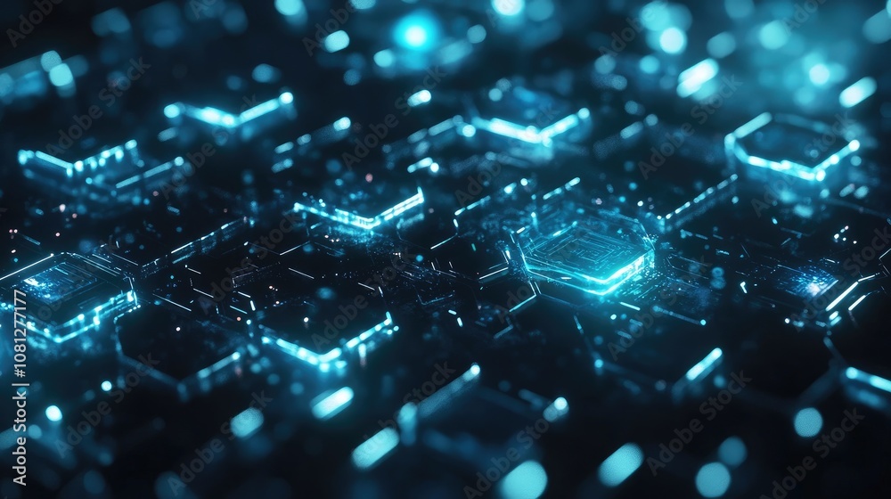 Poster futuristic technology background featuring glowing hexagonal patterns and digital elements in a high