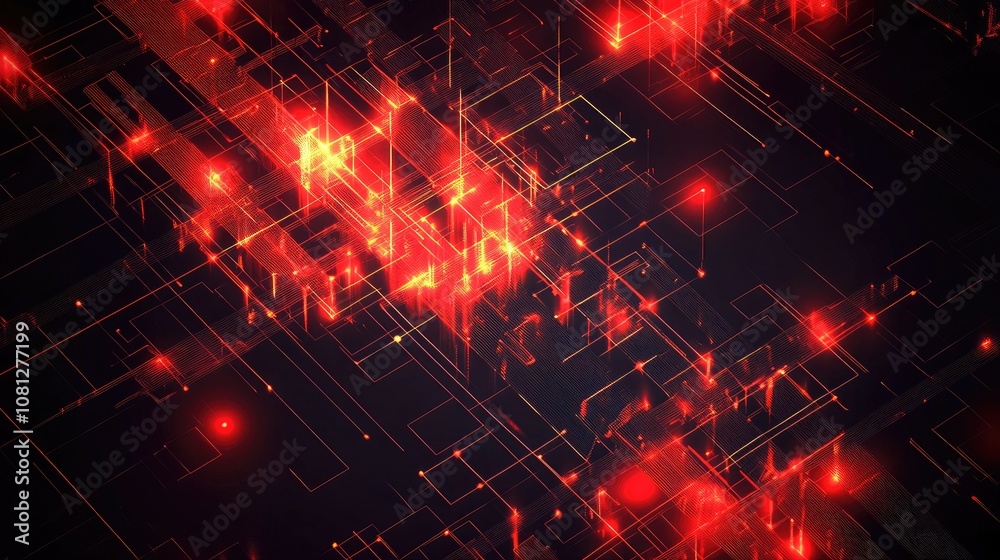 Fototapete Abstract digital network in vibrant red tones showcasing dynamic geometric lines and illuminated grid elements against a dark background for futuristic design concepts