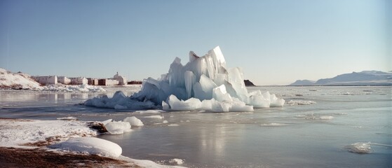 Jagged ice formations float majestically on a vast, frozen expanse under a crisp blue sky.