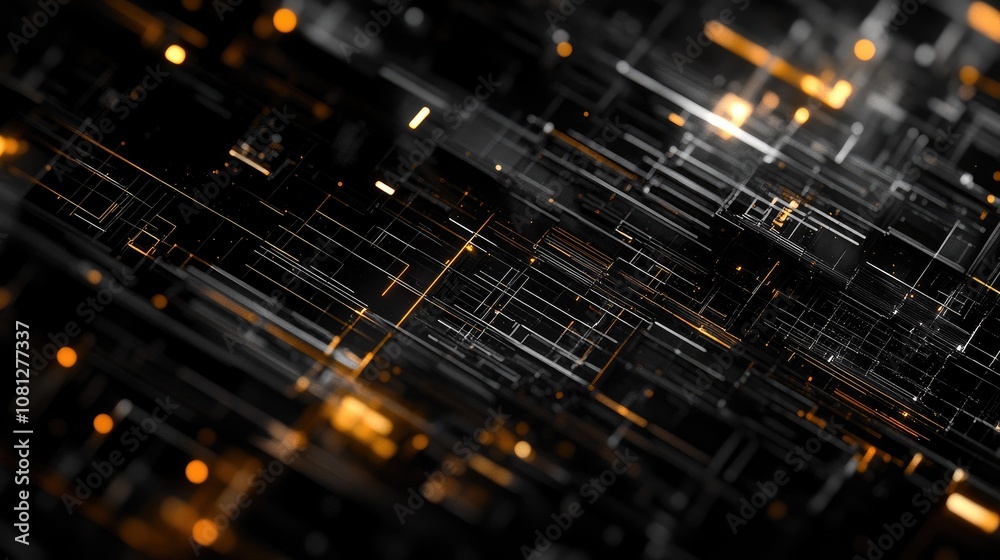 Poster abstract futuristic background featuring intersecting glowing lines and shapes in black and gold ton