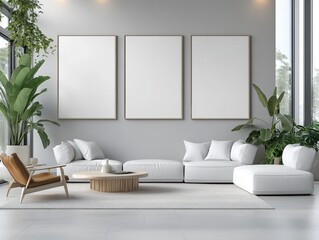 Frame mockup, ISO A paper size. Living room wall poster mockup,
Modern Minimalist Living Room with White L-Shaped Sofa, Wooden Coffee Table, and Brown Accent Chair, Adorned with Green Plants and Blank