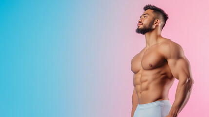 Fototapeta premium Muscular Man Posing in Underwear Against a Soft Pastel Background Emphasizing Strength and Confidence in Fitness Lifestyle Concept