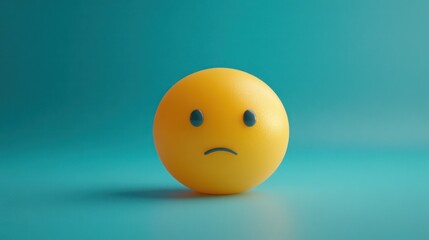 Fototapeta premium A sad yellow smiley face on a teal background, expressing disappointment.