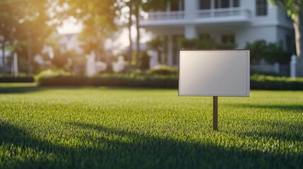 A blank sign on a grassy lawn in front of a house during golden hour.