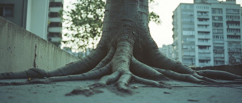 A tree's massive roots entwine with urban pavement, contrasting nature's raw power with the human-made cityscape, embodying resilience and coexistence.