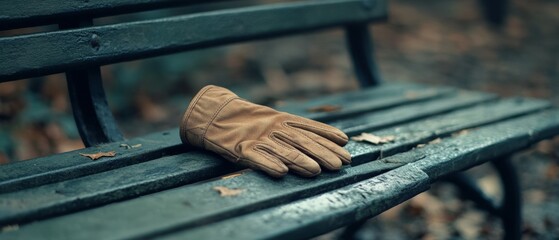 A lone leather glove lies forgotten on a weathered park bench, surrounded by fallen autumn leaves, telling quiet tales of its absent owner in a tranquil park.