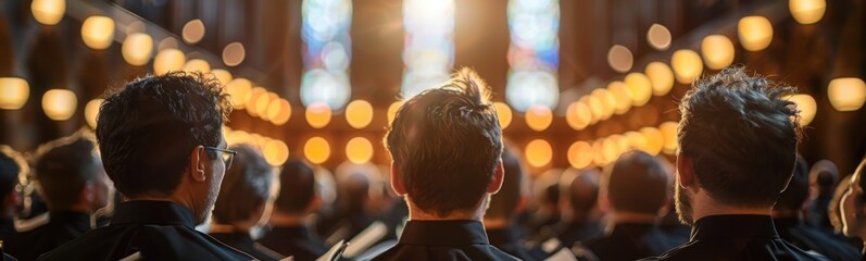 Many people standing in a church together, choral group, banner