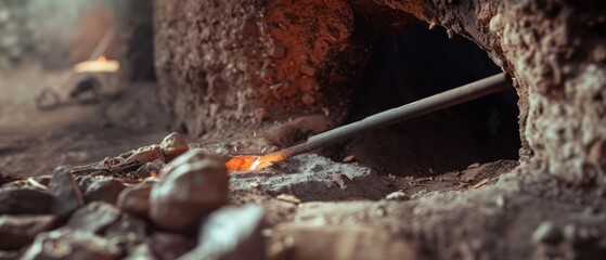 Intense heat shimmers in a rustic workshop where molten metal glows beneath rugged tools, highlighting the age-old craft of blacksmithing.