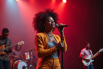 woman sings passionately, wearing a sleeveless, form-fitting grey dress. She stands in the foreground, The background is dim, with the red stage lights creating a moody atmosphere.