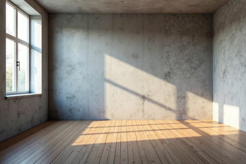 modern interior featuring a large window ,The walls are a textured gray, and the floor is wooden, with a warm light and shadow.