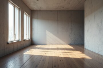 Obraz premium modern interior featuring a large window ,The walls are a textured gray, and the floor is wooden, with a warm light and shadow.