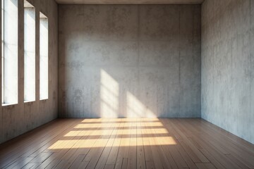 modern interior featuring a large window ,The walls are a textured gray, and the floor is wooden, with a warm light and shadow.
