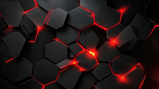Abstract Black Hexagon Pattern with Glowing Red Accents, Modern Digital Background, Geometric Design for Technology and Futuristic Themes