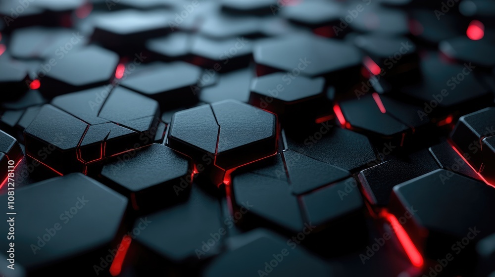 Poster abstract background featuring dark hexagonal shapes with glowing red edges, creating a modern and fu