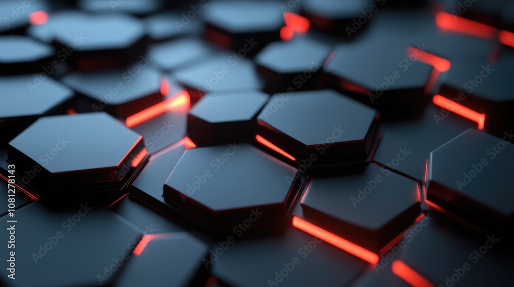 Poster abstract black hexagonal tiles with glowing neon edges creating a modern futuristic background suita