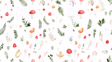 Seamless Watercolor Pattern Mushrooms Leaves Floral Elements on White Background