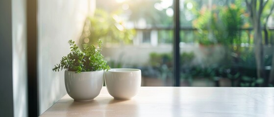 Two white ceramic mugs with fresh green plants bask in gentle sunlight by a window, embodying peaceful morning vibes and natural elegance.