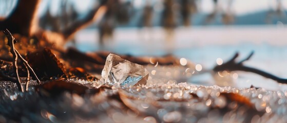 A lone piece of ice melting on a shoreline, surrounded by shimmering water and fallen leaves, capturing transition from winter to spring.