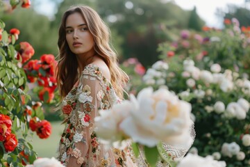 A woman in a floral dress stands amid a blooming rose garden, the lush colors echoing beauty and romance.