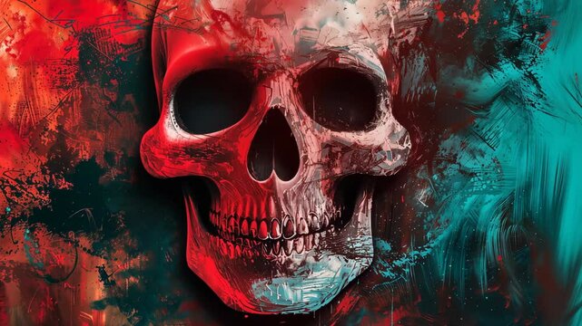 Gothic skull painted in expressive red and blue strokes. Horror and abstract expressionism concept, 8k Wallpaper High-resolution digital art.